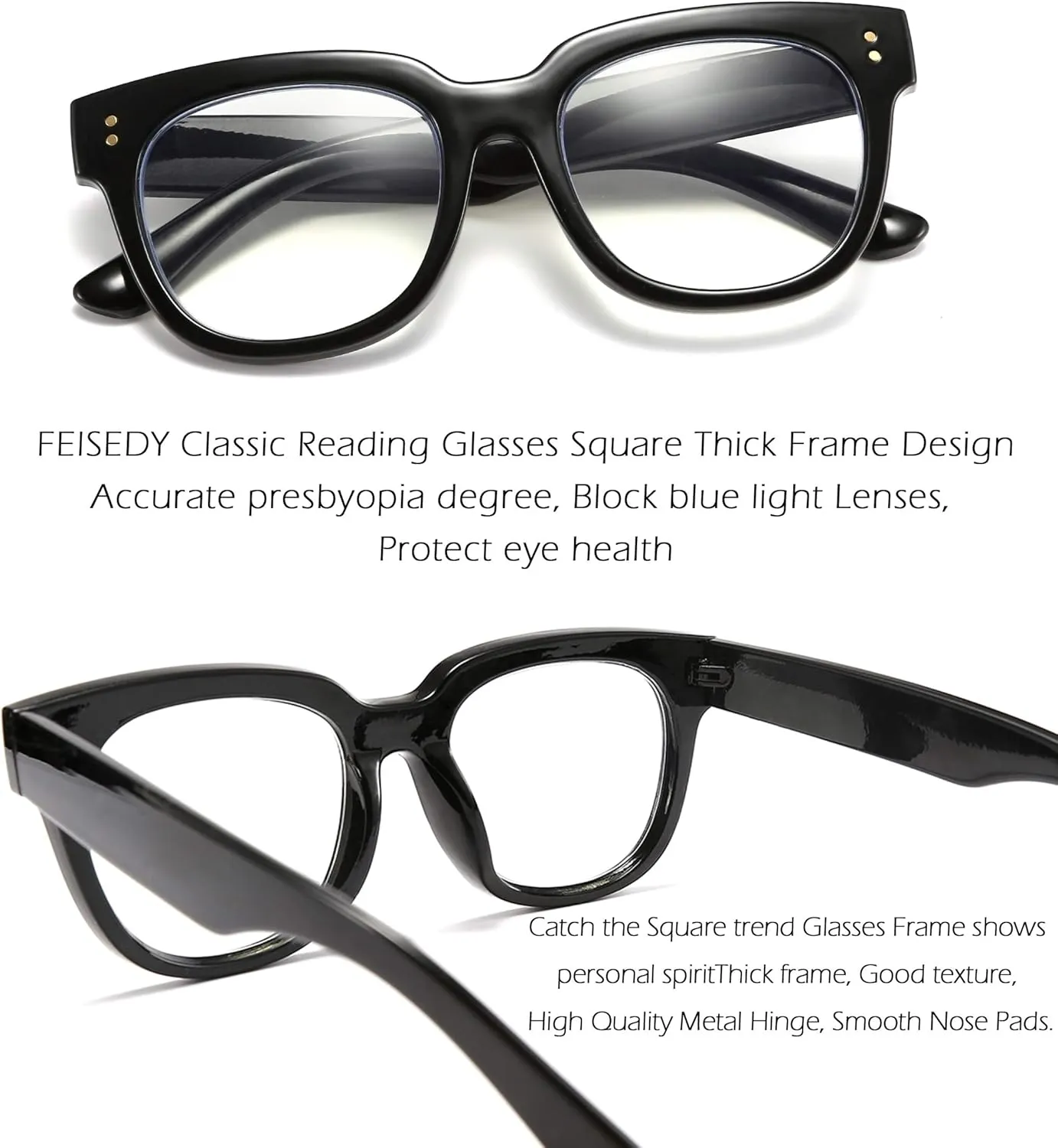 FEISEDY Retro Square Thick Big Frame Blue Light Blocking Reading Glasses Anti Glare Digital Eyestrain Reader B2523