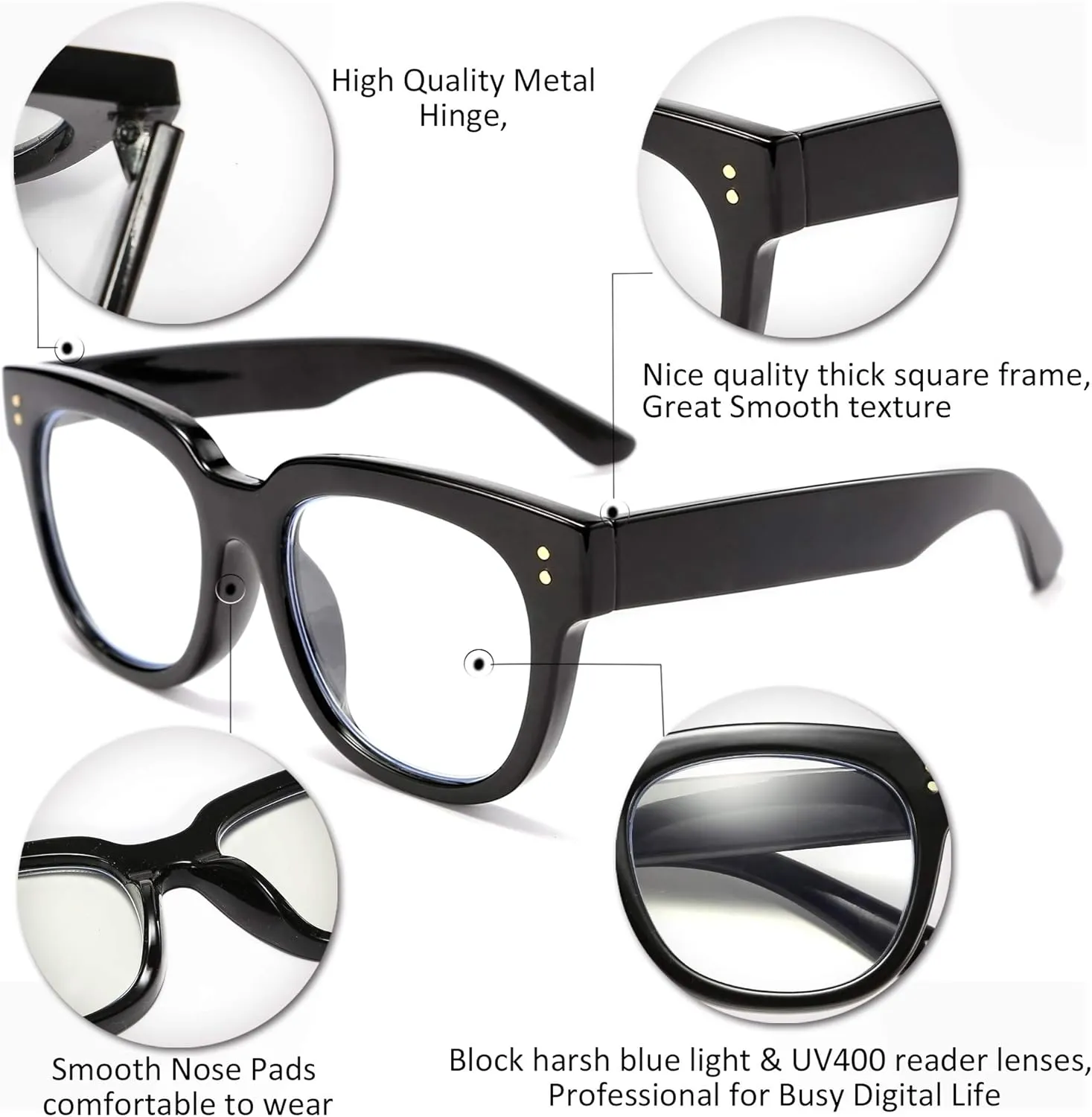 FEISEDY Retro Square Thick Big Frame Blue Light Blocking Reading Glasses Anti Glare Digital Eyestrain Reader B2523