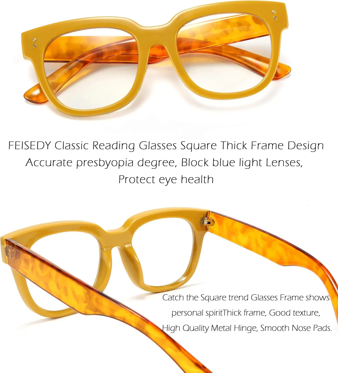 FEISEDY Retro Square Thick Big Frame Blue Light Blocking Reading Glasses Anti Glare Digital Eyestrain Reader B2523