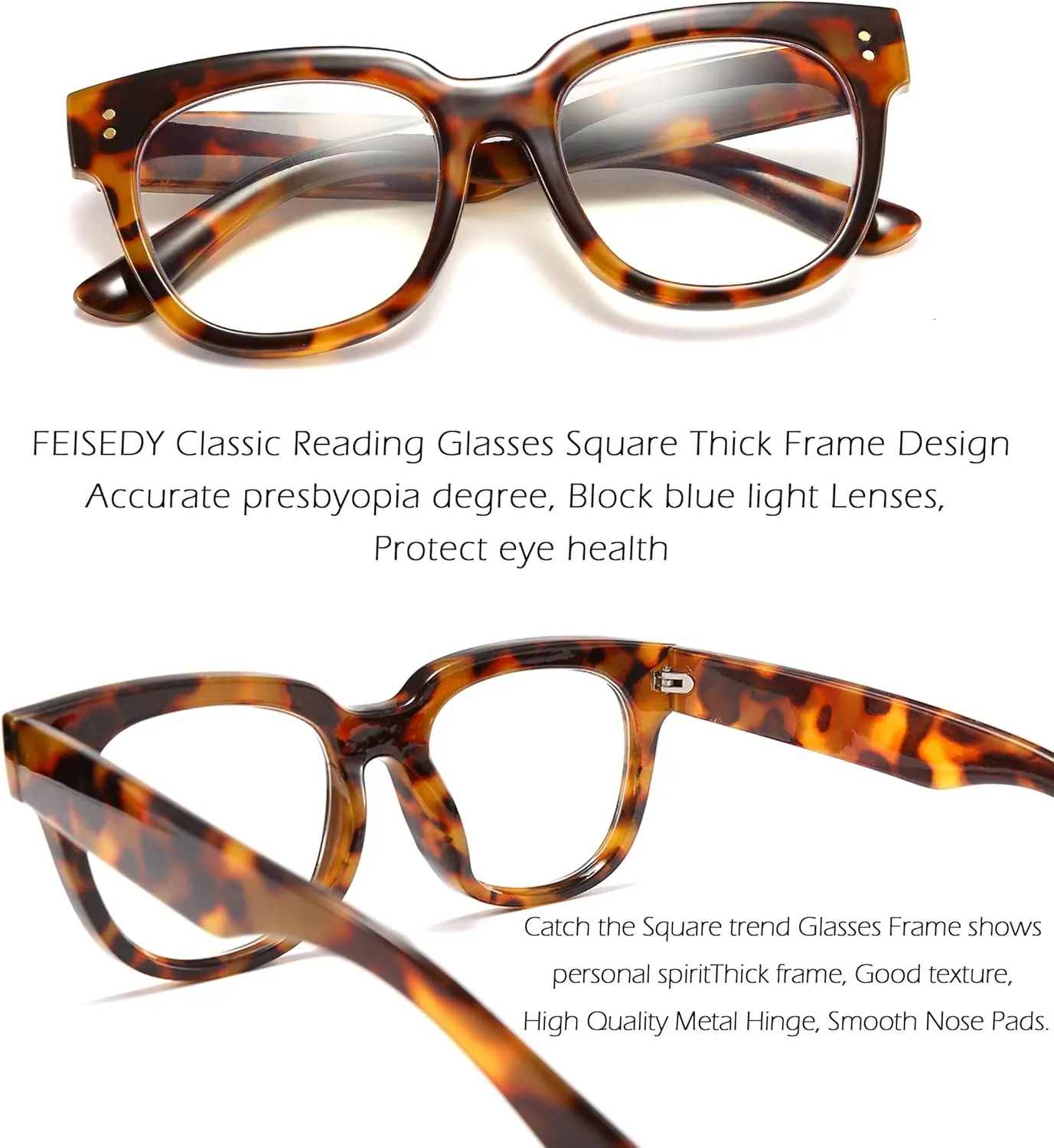 FEISEDY Retro Square Thick Big Frame Blue Light Blocking Reading Glasses Anti Glare Digital Eyestrain Reader B2523