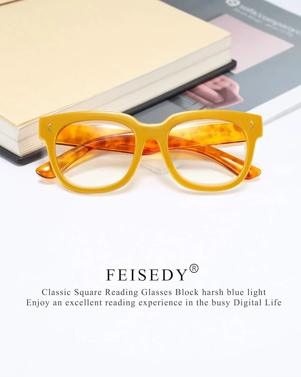 FEISEDY Retro Square Thick Big Frame Blue Light Blocking Reading Glasses Anti Glare Digital Eyestrain Reader B2523