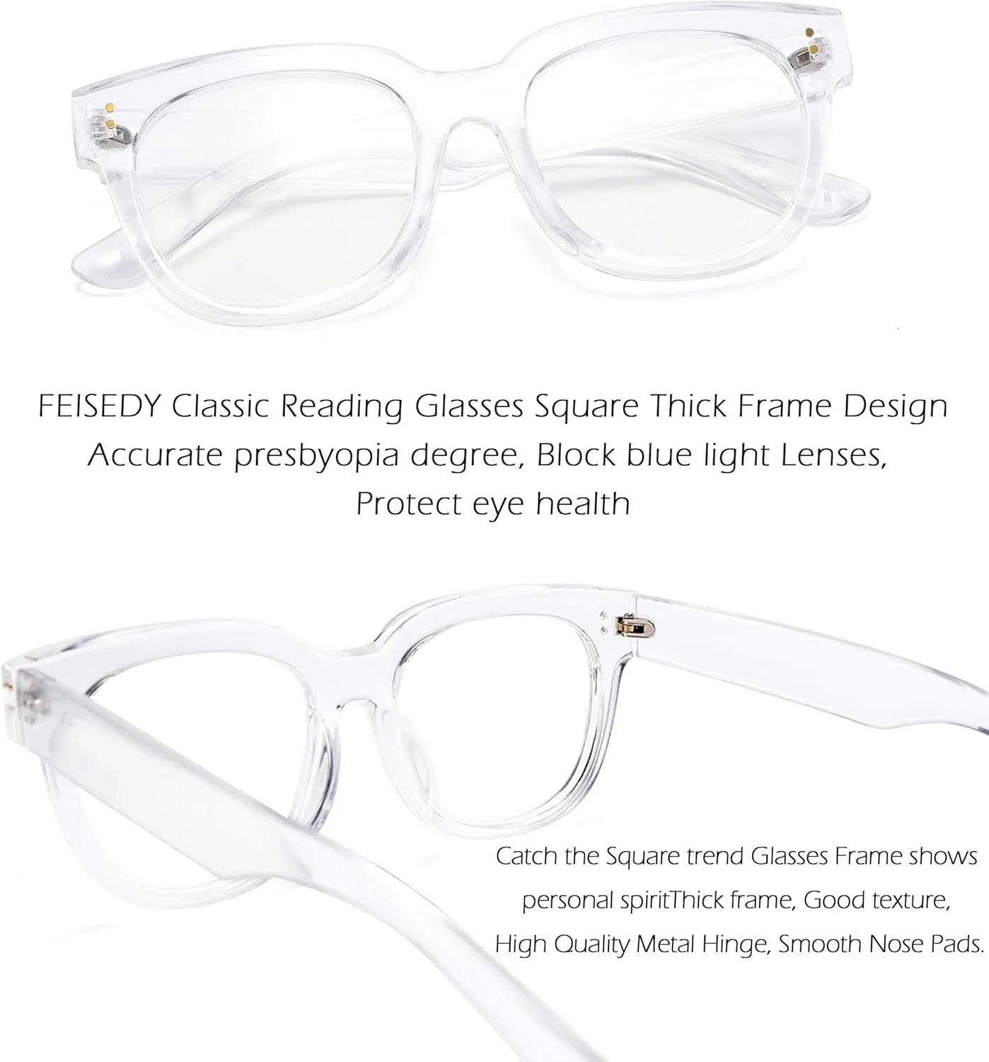 FEISEDY Retro Square Thick Big Frame Blue Light Blocking Reading Glasses Anti Glare Digital Eyestrain Reader B2523