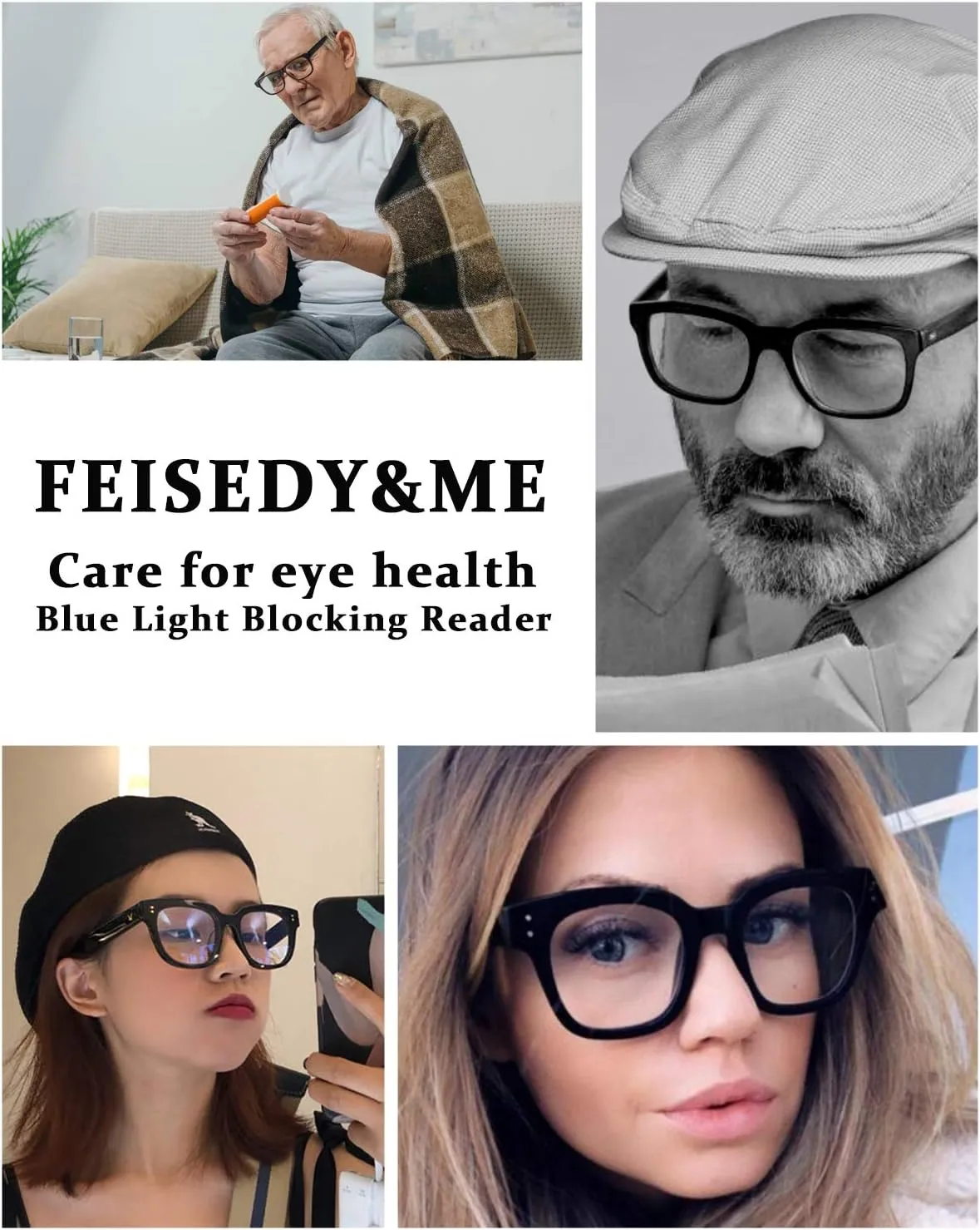 FEISEDY Retro Square Thick Big Frame Blue Light Blocking Reading Glasses Anti Glare Digital Eyestrain Reader B2523