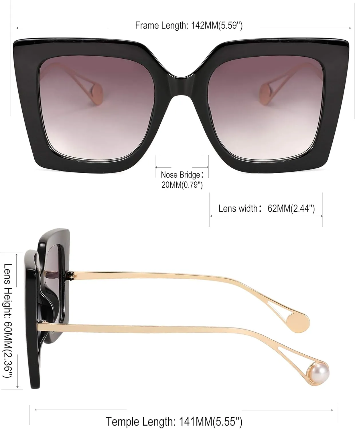 FEISEDY Sunglasses Womens Trendy, Oversized Square Shades, Pearl Inlay Cat Eye Frame UV400 Protection B2625