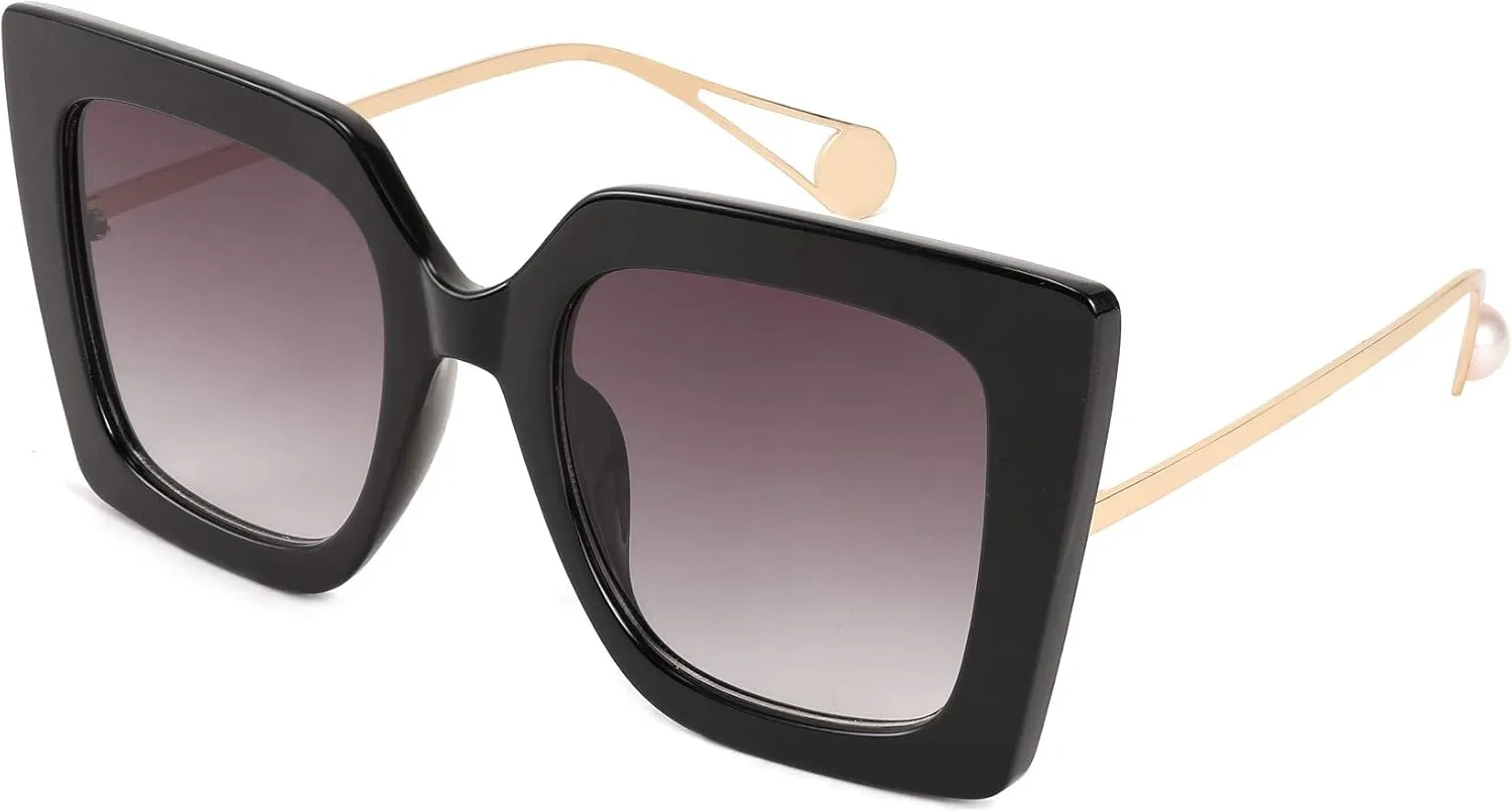 FEISEDY Sunglasses Womens Trendy, Oversized Square Shades, Pearl Inlay Cat Eye Frame UV400 Protection B2625