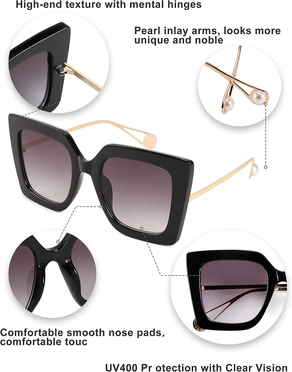 FEISEDY Sunglasses Womens Trendy, Oversized Square Shades, Pearl Inlay Cat Eye Frame UV400 Protection B2625