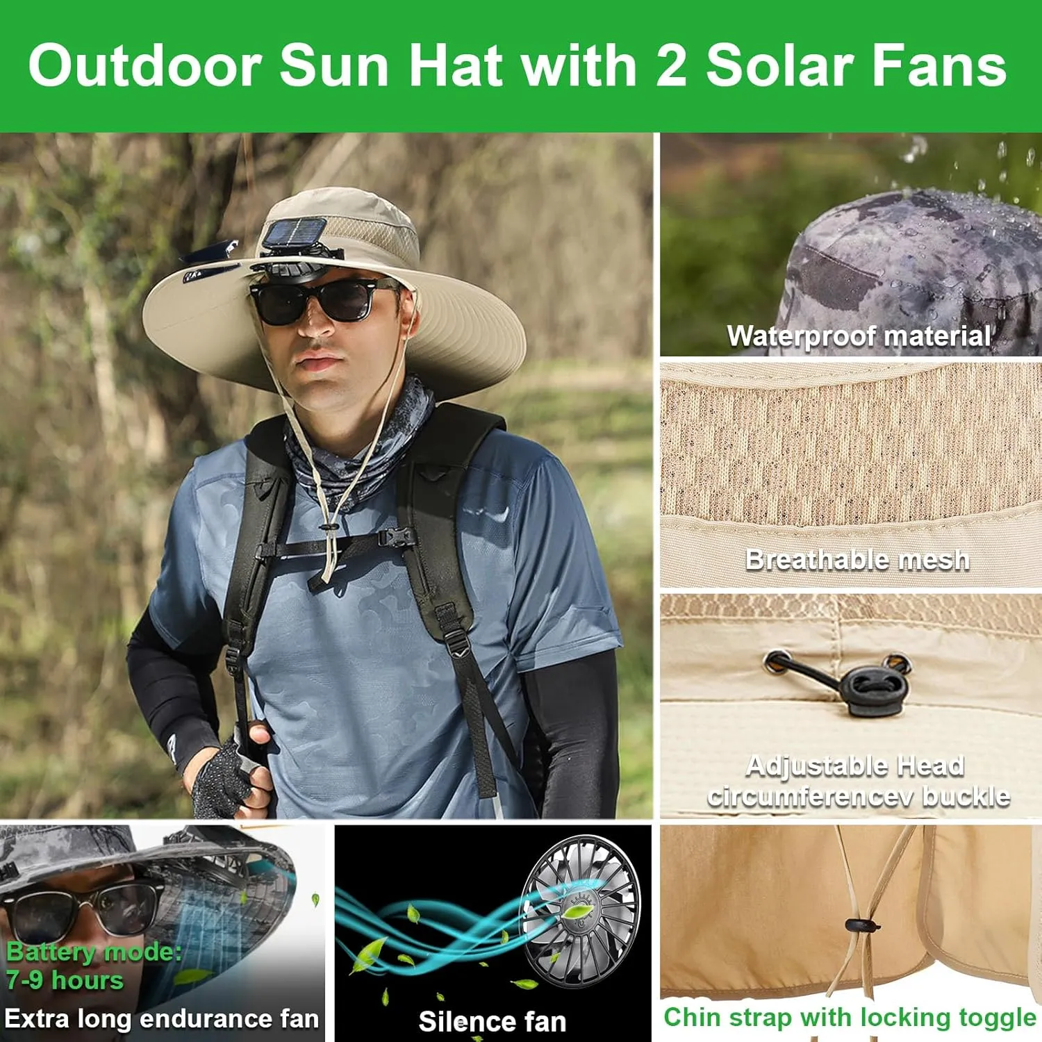 Fishing Hats for Men, Wide Brim Sun Hat with 2 Solar Fan, USB & Solar Powered Fishing Hats, Solar Fan Hats UPF 50 