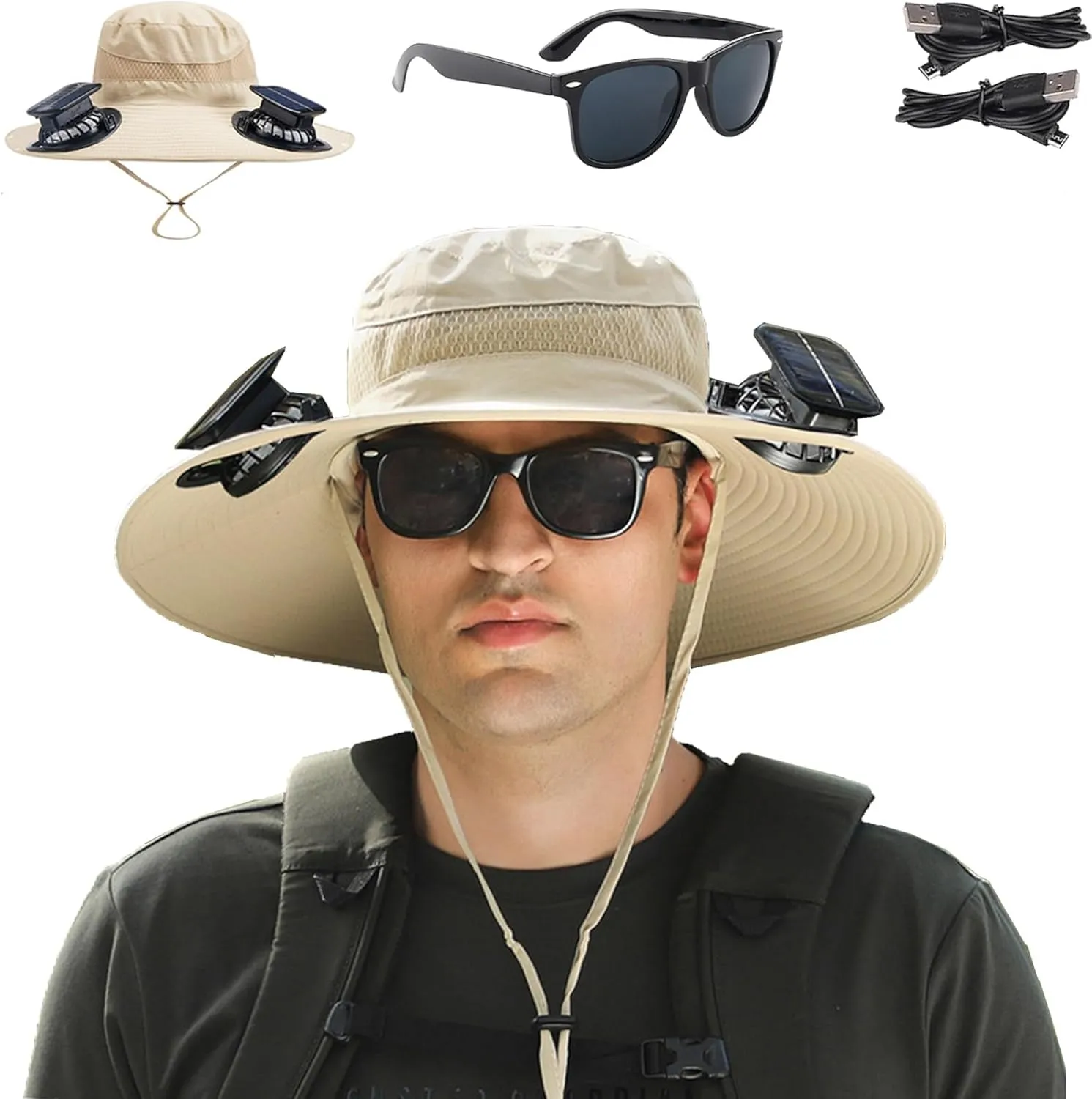 Fishing Hats for Men, Wide Brim Sun Hat with 2 Solar Fan, USB & Solar Powered Fishing Hats, Solar Fan Hats UPF 50 