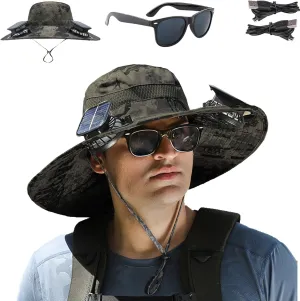 Fishing Hats for Men, Wide Brim Sun Hat with 2 Solar Fan, USB & Solar Powered Fishing Hats, Solar Fan Hats UPF 50 