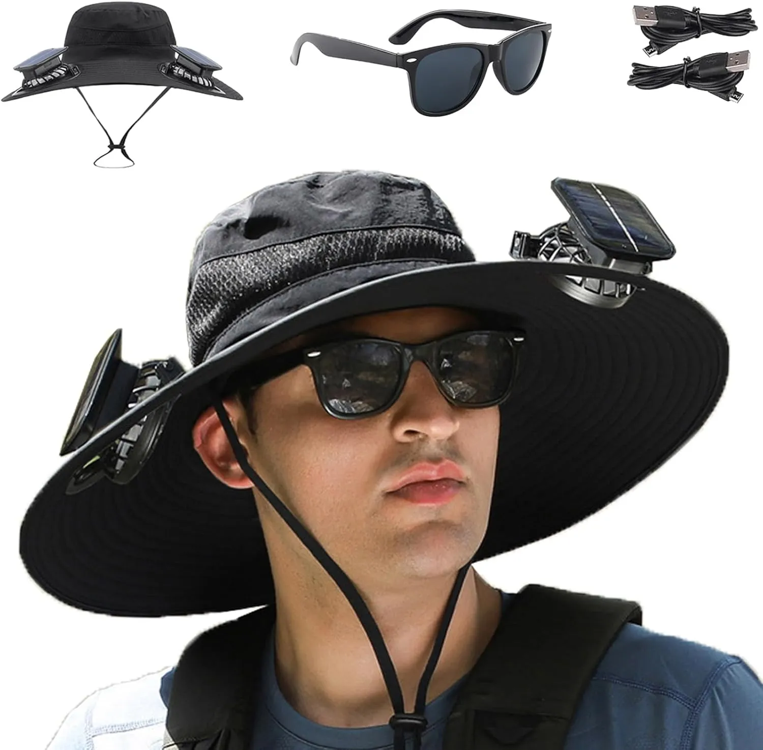 Fishing Hats for Men, Wide Brim Sun Hat with 2 Solar Fan, USB & Solar Powered Fishing Hats, Solar Fan Hats UPF 50 