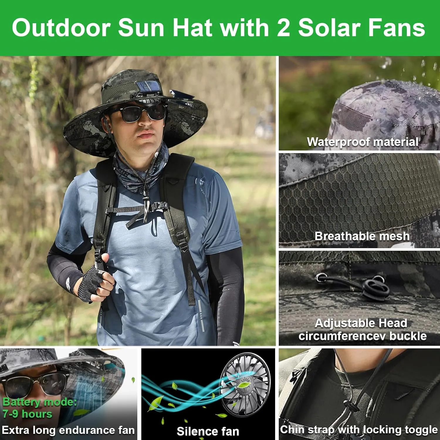 Fishing Hats for Men, Wide Brim Sun Hat with 2 Solar Fan, USB & Solar Powered Fishing Hats, Solar Fan Hats UPF 50 