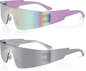 Futuristic Wrap Around Fashion Sunglasses Y2K Silver Trendy Rimless Glasses Cyberpunk Eyewear Women Men Rave Party