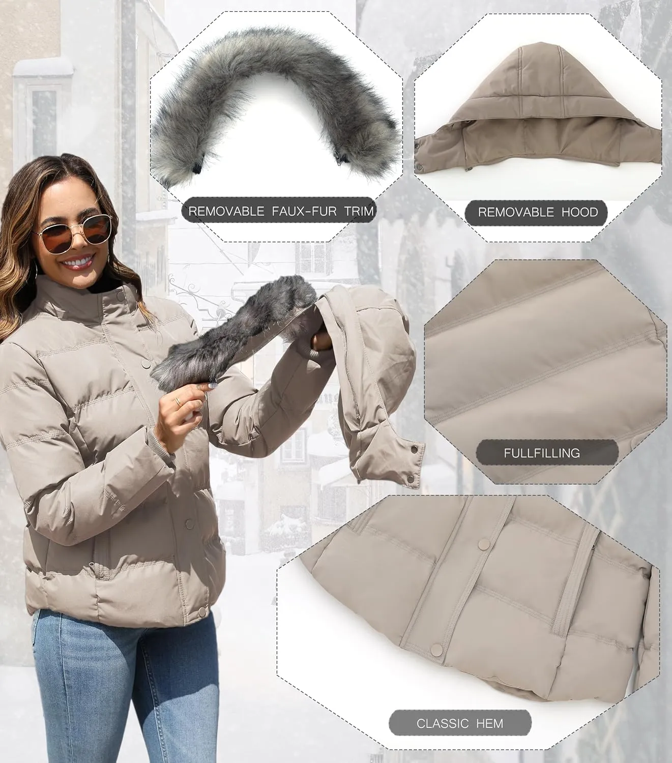 GGleaf Women's Hooded Warm Winter Coat Quilted Thicken Puffer Jacket with Removable Fur Hood