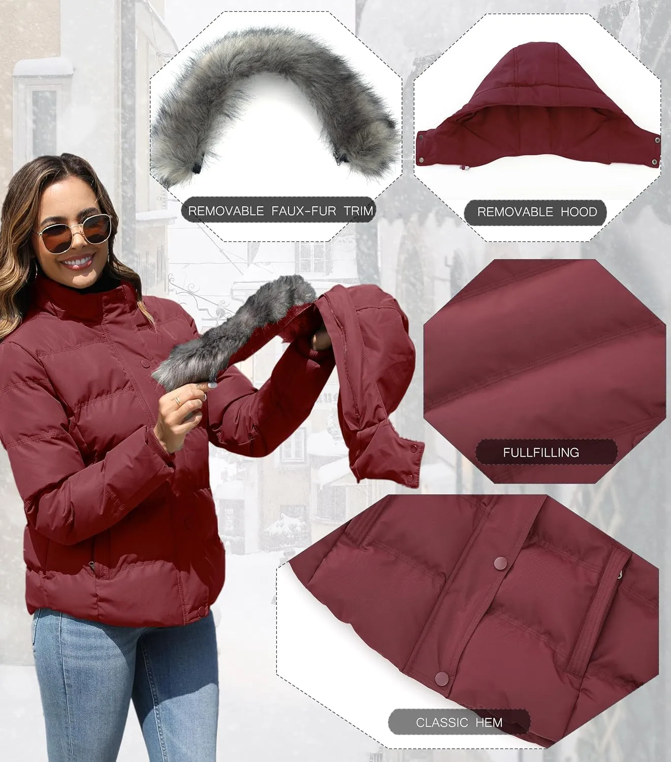 GGleaf Women's Hooded Warm Winter Coat Quilted Thicken Puffer Jacket with Removable Fur Hood