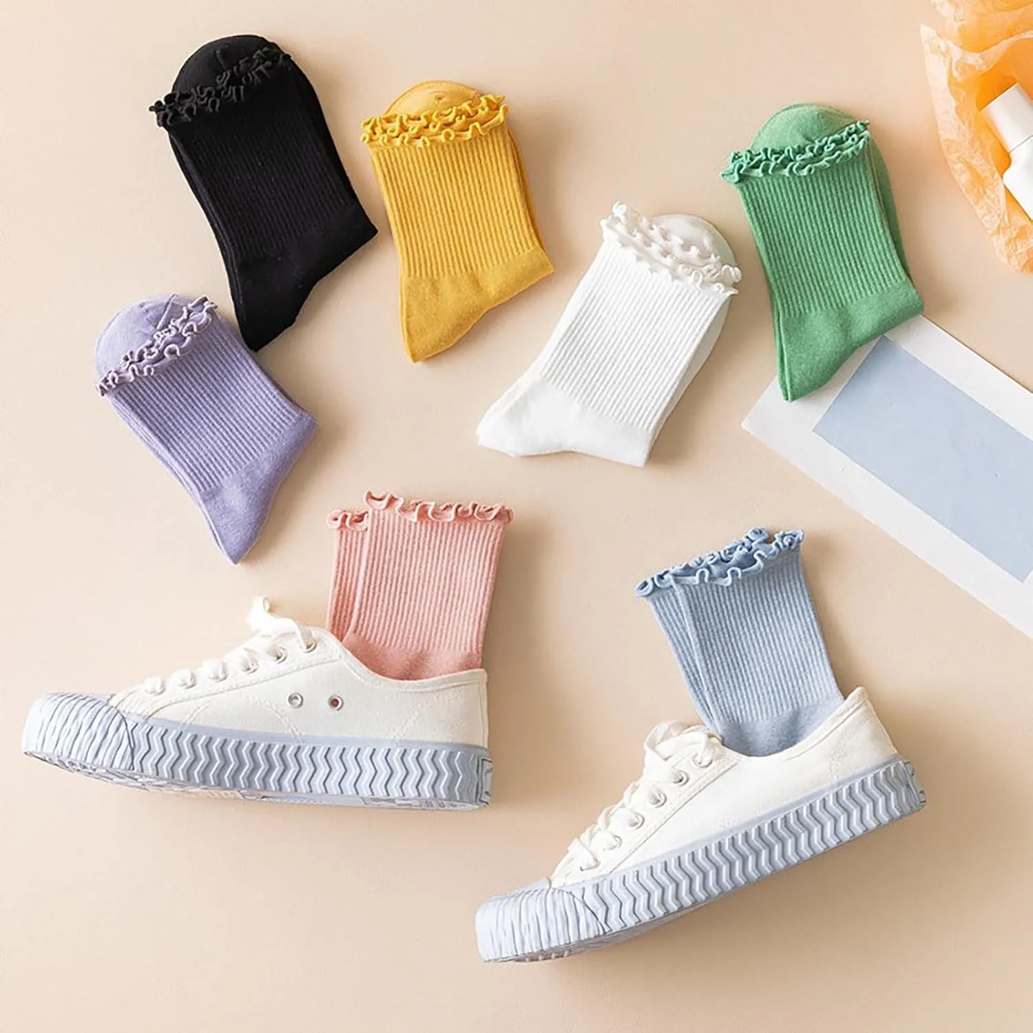 GIERIDUC Athletic Socks For Women Size 9-11 5pc Women's Socks Ruffle Cuff Casual Socks Cute Comfortable Knitted Socks