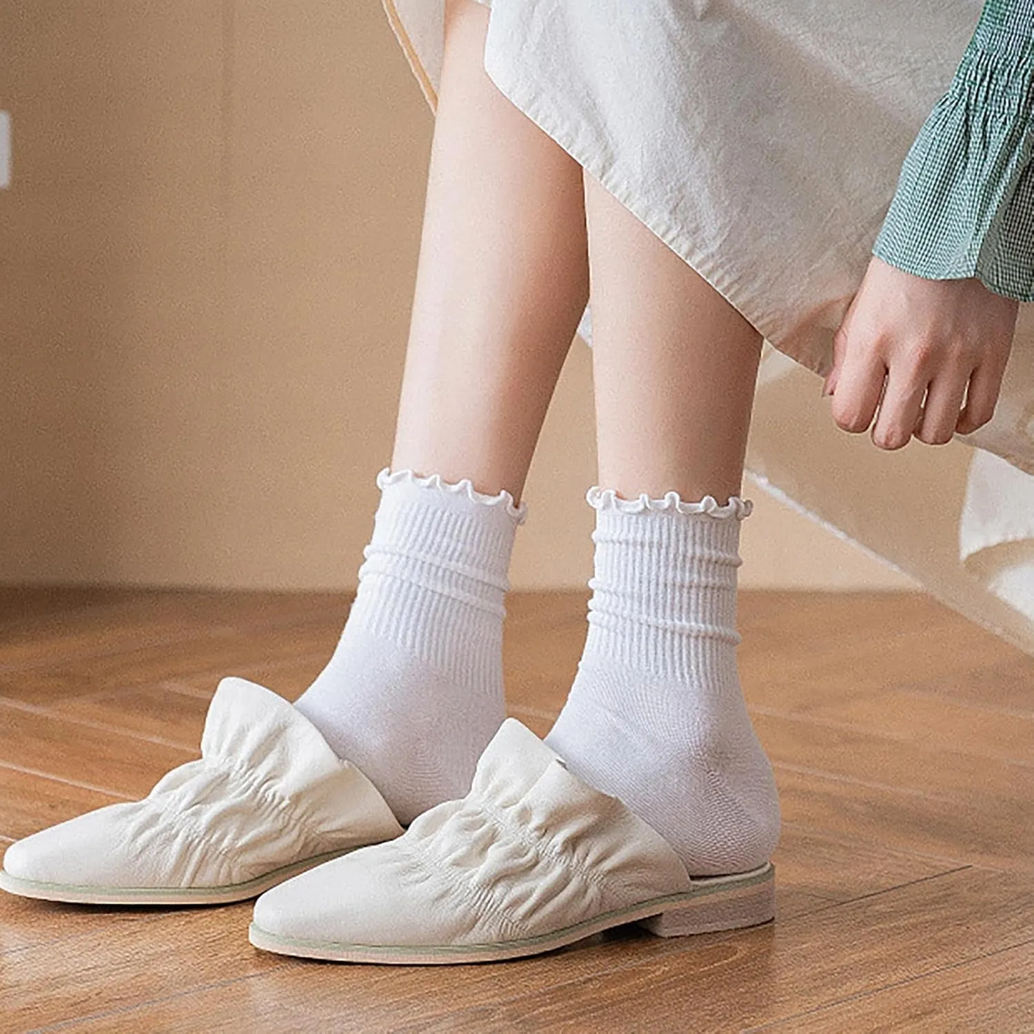 GIERIDUC Athletic Socks For Women Size 9-11 5pc Women's Socks Ruffle Cuff Casual Socks Cute Comfortable Knitted Socks