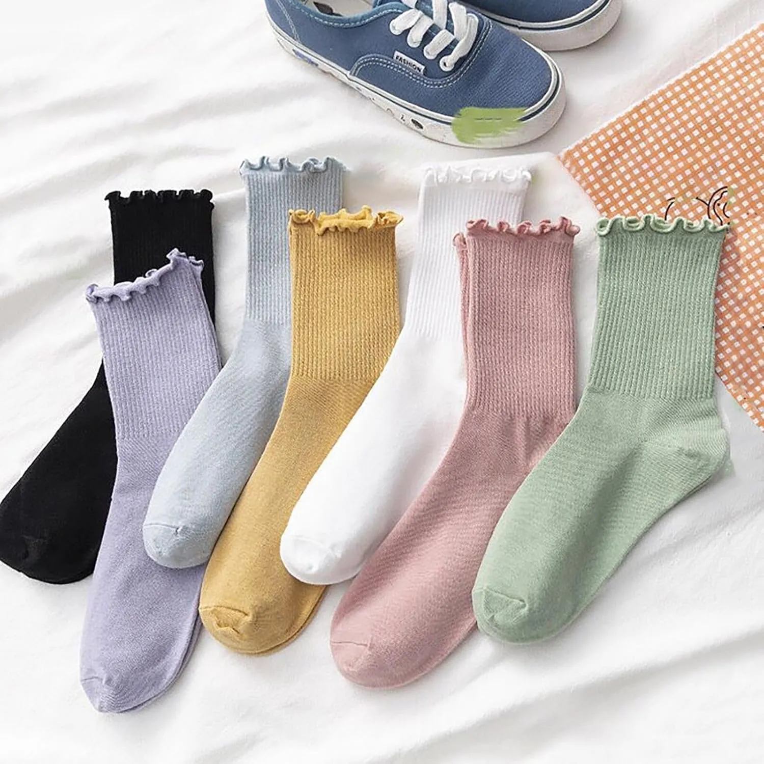 GIERIDUC Athletic Socks For Women Size 9-11 5pc Women's Socks Ruffle Cuff Casual Socks Cute Comfortable Knitted Socks