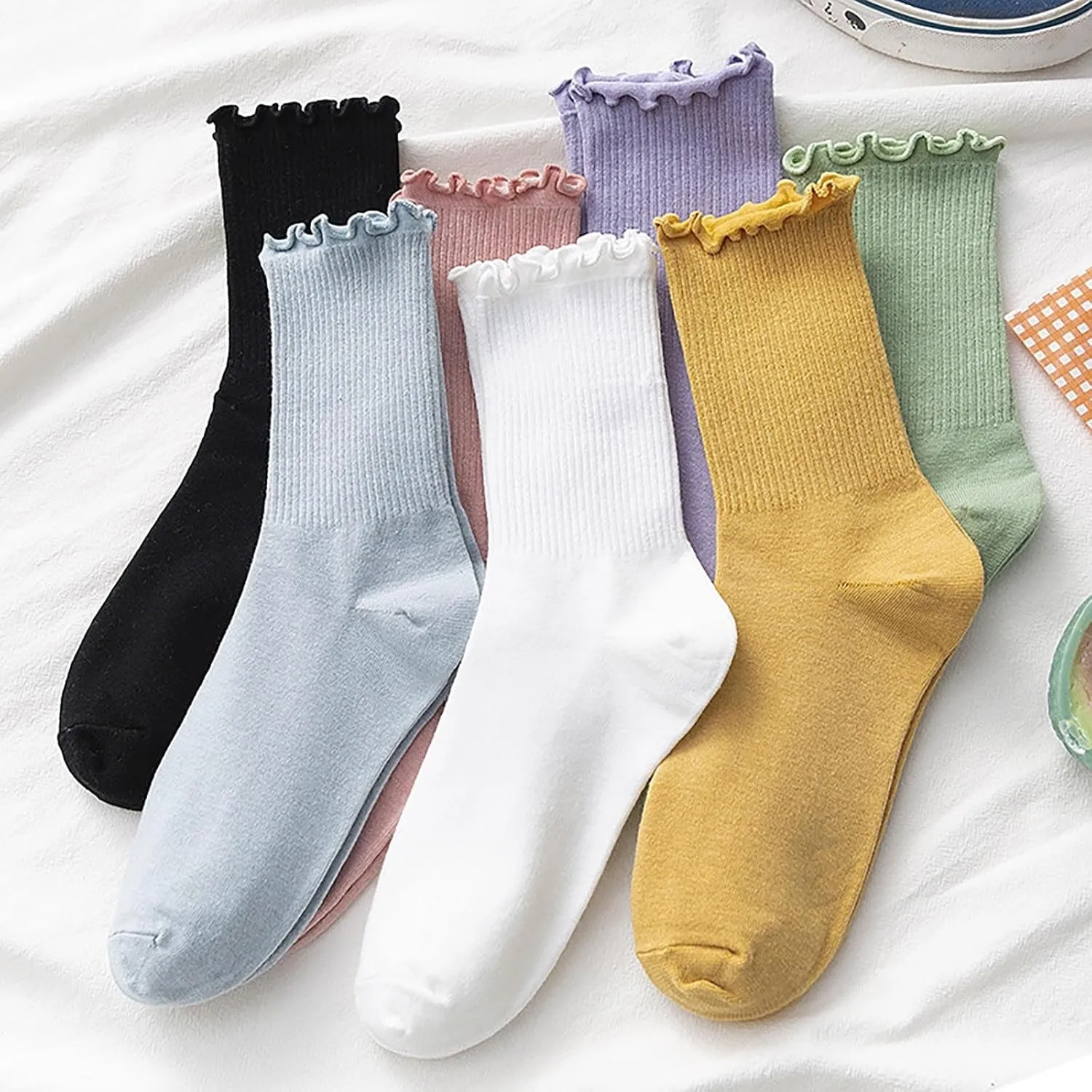 GIERIDUC Athletic Socks For Women Size 9-11 5pc Women's Socks Ruffle Cuff Casual Socks Cute Comfortable Knitted Socks