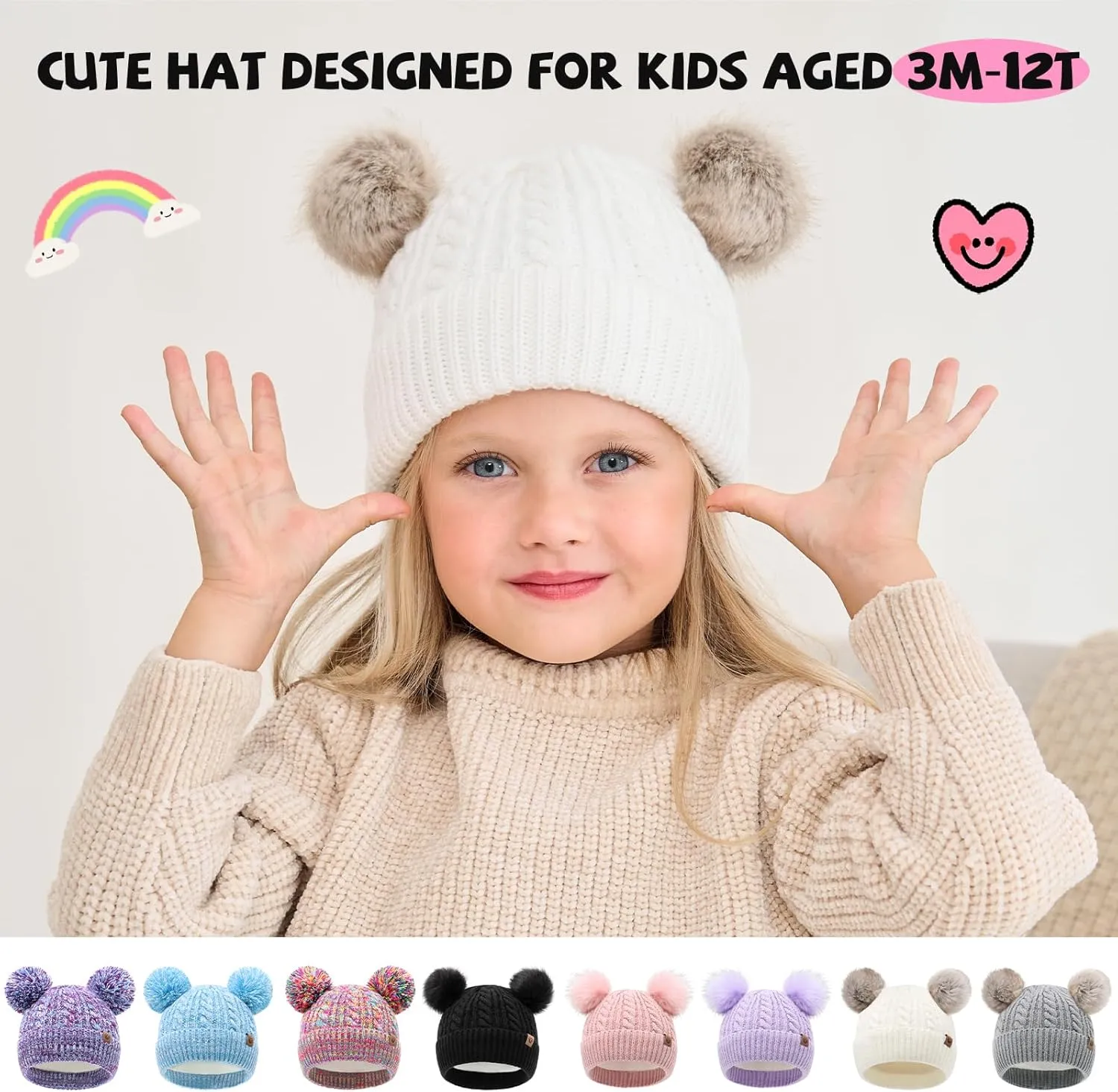 Girl Beanies Pompom Winter Knitted Hat Toddler Beanies Infant Winter Hat Cap for Boys Girls(3M-12T)