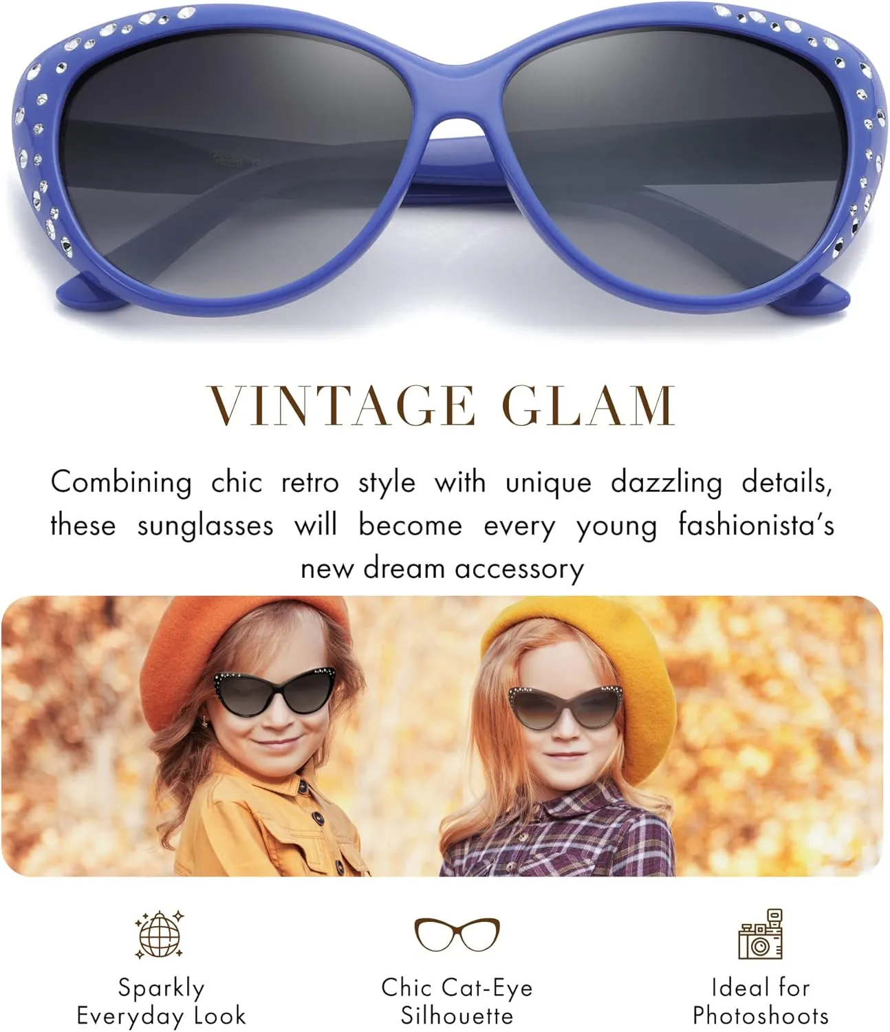 Giselle Cute Kids Retro Cat Eye Rhinestone Sunglasses for Teen Girls and Children Age 6-14