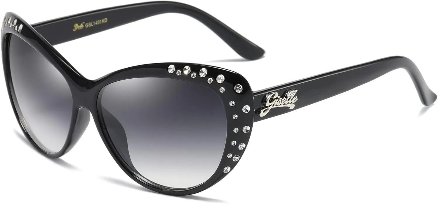 Giselle Cute Kids Retro Cat Eye Rhinestone Sunglasses for Teen Girls and Children Age 6-14
