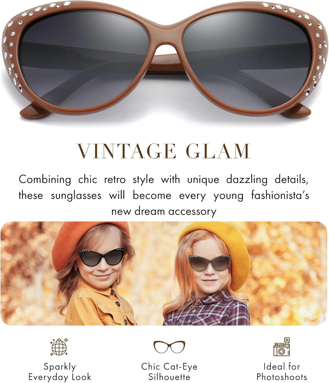Giselle Cute Kids Retro Cat Eye Rhinestone Sunglasses for Teen Girls and Children Age 6-14