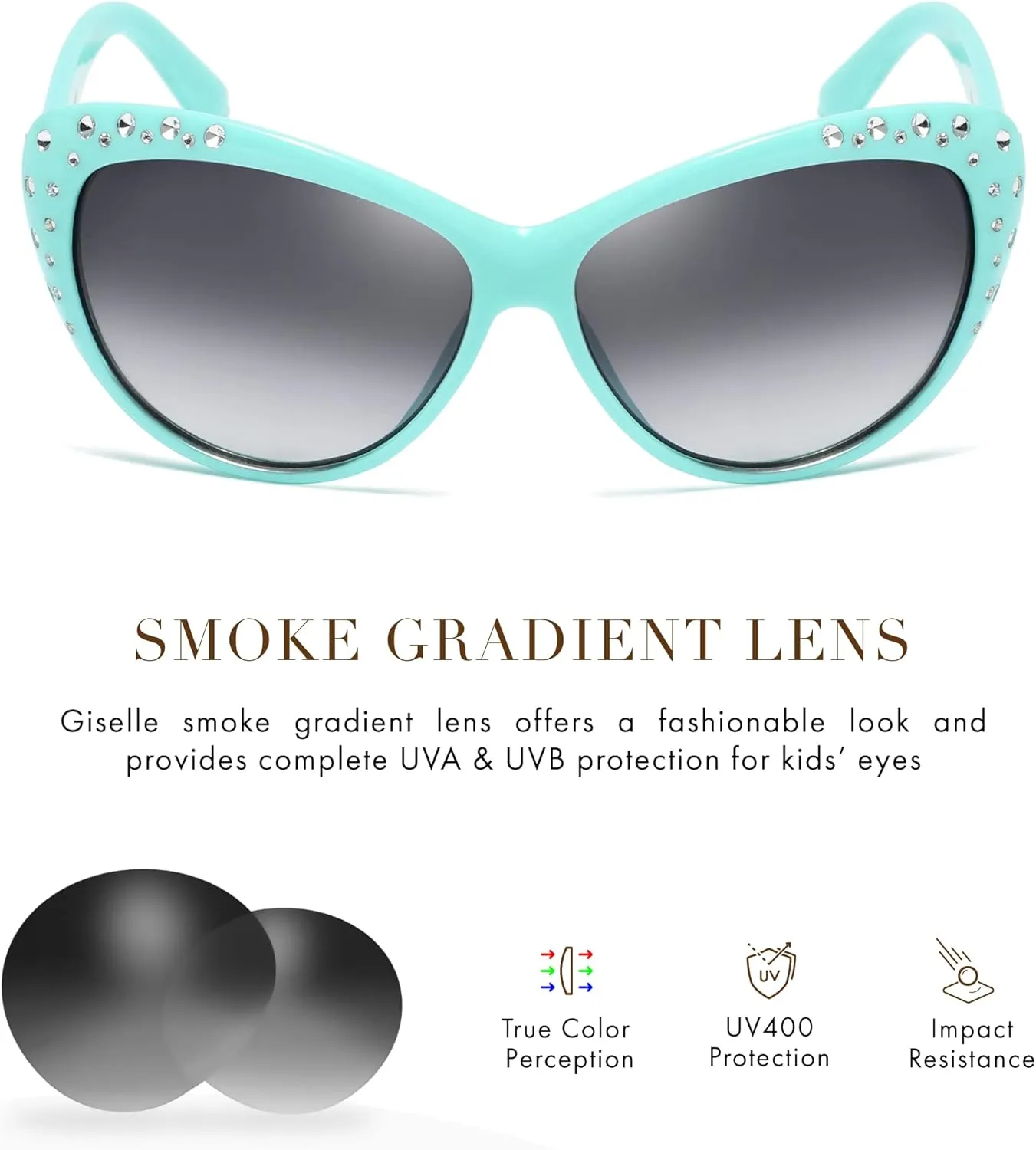 Giselle Cute Kids Retro Cat Eye Rhinestone Sunglasses for Teen Girls and Children Age 6-14
