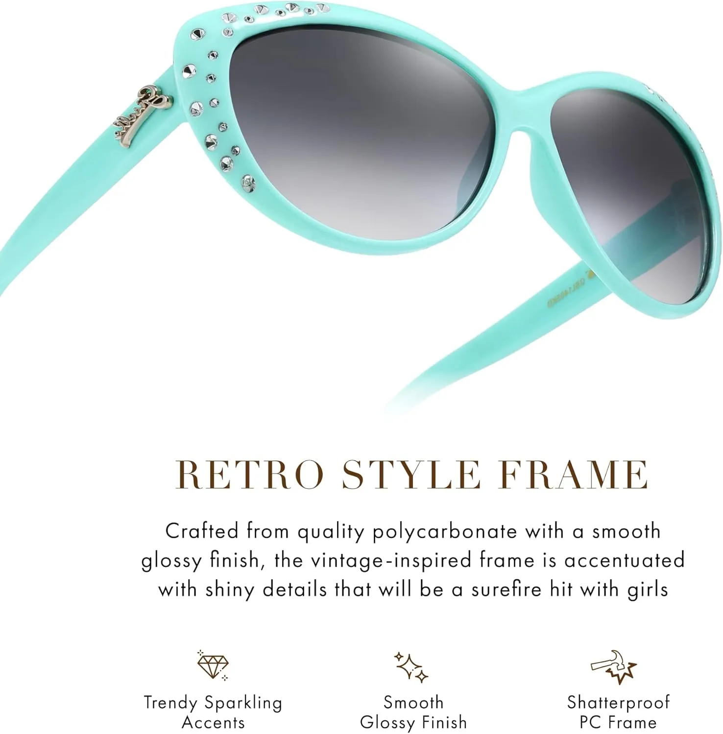 Giselle Cute Kids Retro Cat Eye Rhinestone Sunglasses for Teen Girls and Children Age 6-14