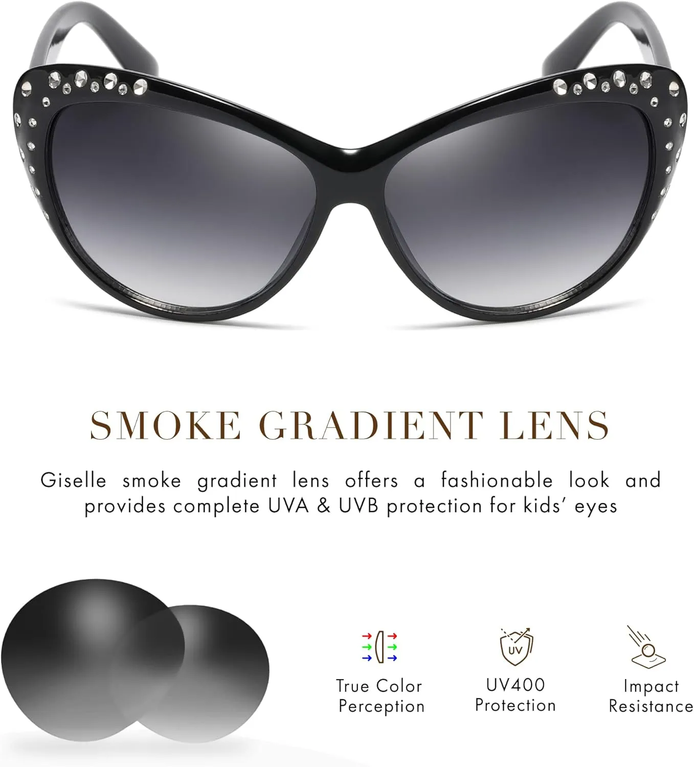 Giselle Cute Kids Retro Cat Eye Rhinestone Sunglasses for Teen Girls and Children Age 6-14