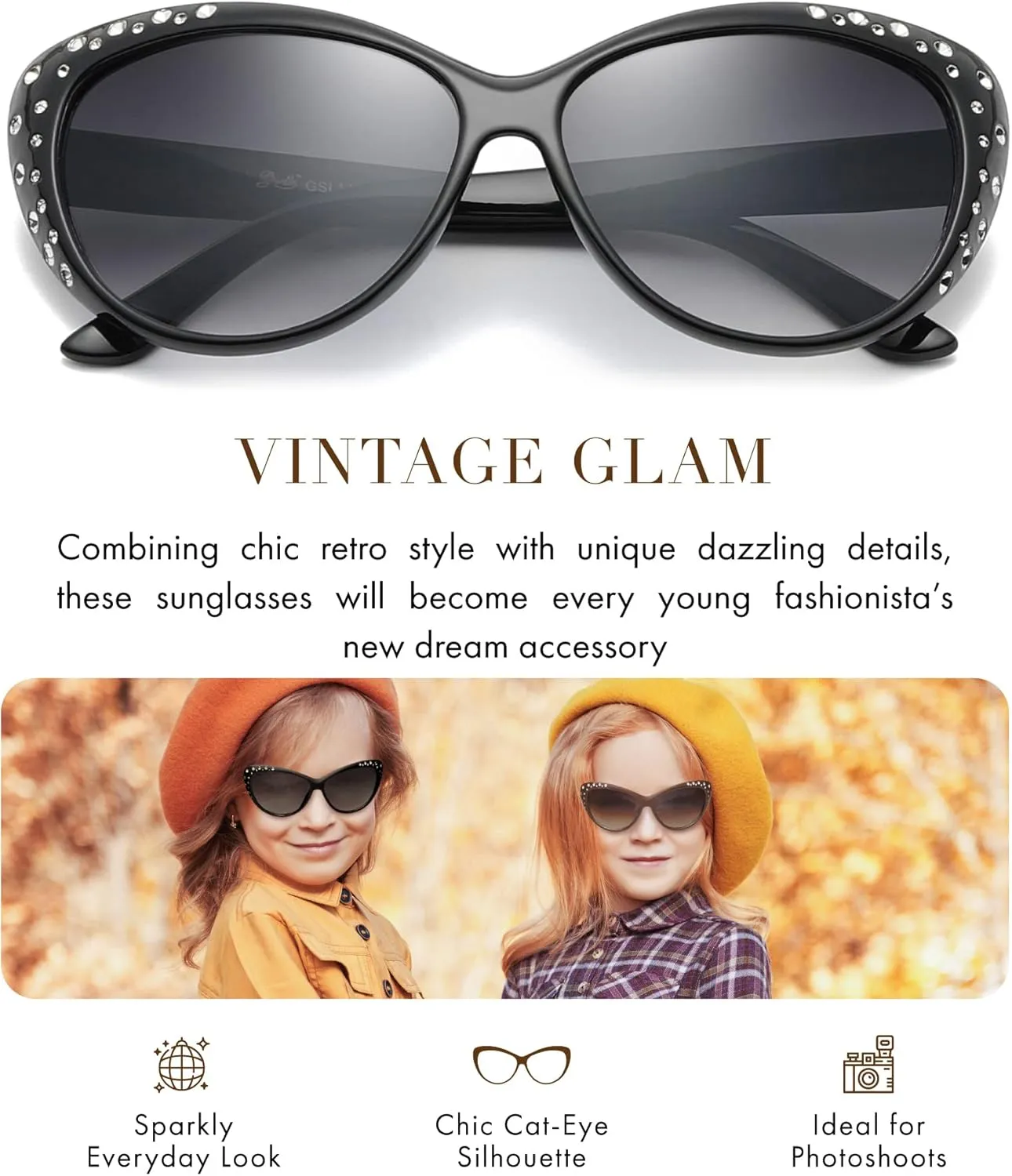Giselle Cute Kids Retro Cat Eye Rhinestone Sunglasses for Teen Girls and Children Age 6-14