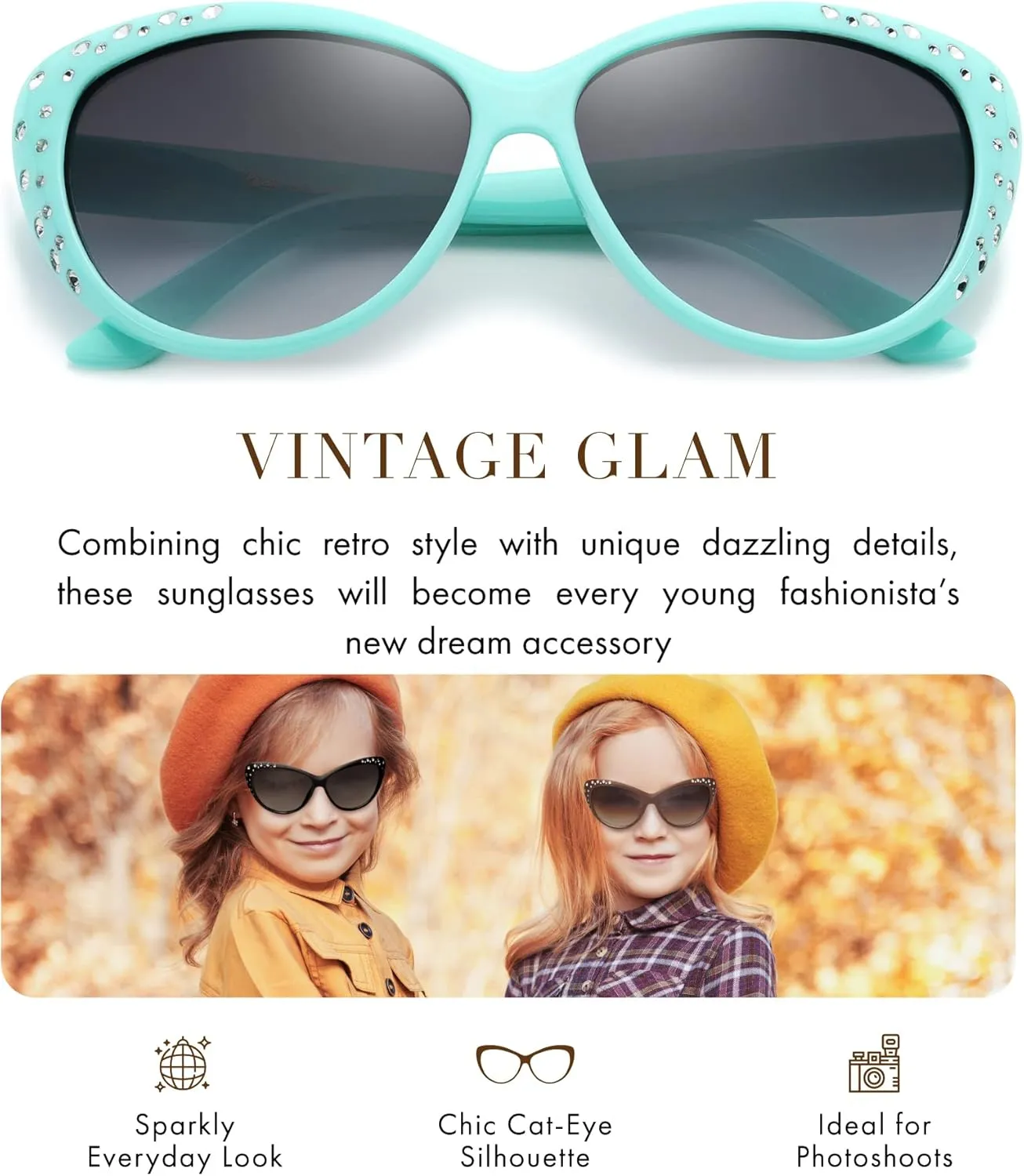 Giselle Cute Kids Retro Cat Eye Rhinestone Sunglasses for Teen Girls and Children Age 6-14
