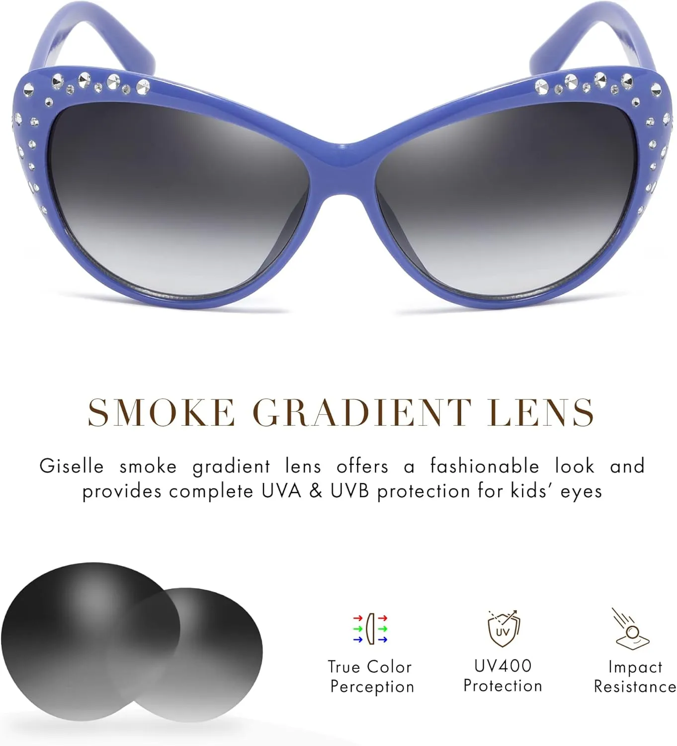 Giselle Cute Kids Retro Cat Eye Rhinestone Sunglasses for Teen Girls and Children Age 6-14