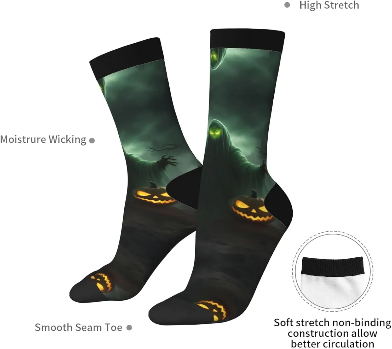 Green Ghost Horror Halloween Pumpkin Print Fun Socks,Novel Crazy Cool Socks,Pattern Funky Novelty Socks,Unisex Socks