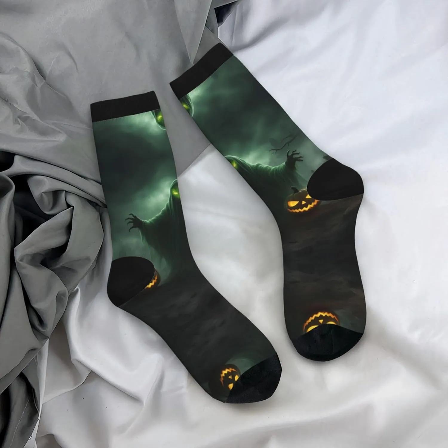 Green Ghost Horror Halloween Pumpkin Print Fun Socks,Novel Crazy Cool Socks,Pattern Funky Novelty Socks,Unisex Socks