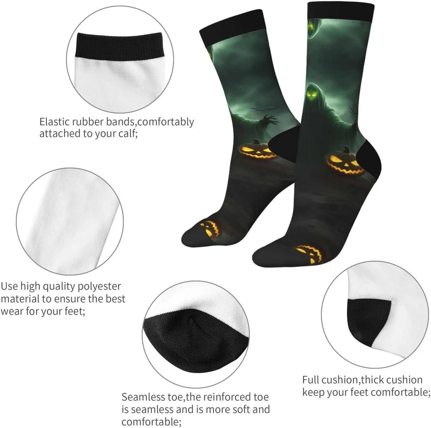 Green Ghost Horror Halloween Pumpkin Print Fun Socks,Novel Crazy Cool Socks,Pattern Funky Novelty Socks,Unisex Socks