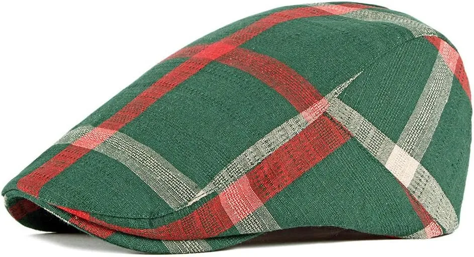 Gudessly Mens Adjustable Colorful Striped Plaid Ivy Newsboy Cabbie Gatsby Golf Cap Flat Cotton Hat Thin Cap