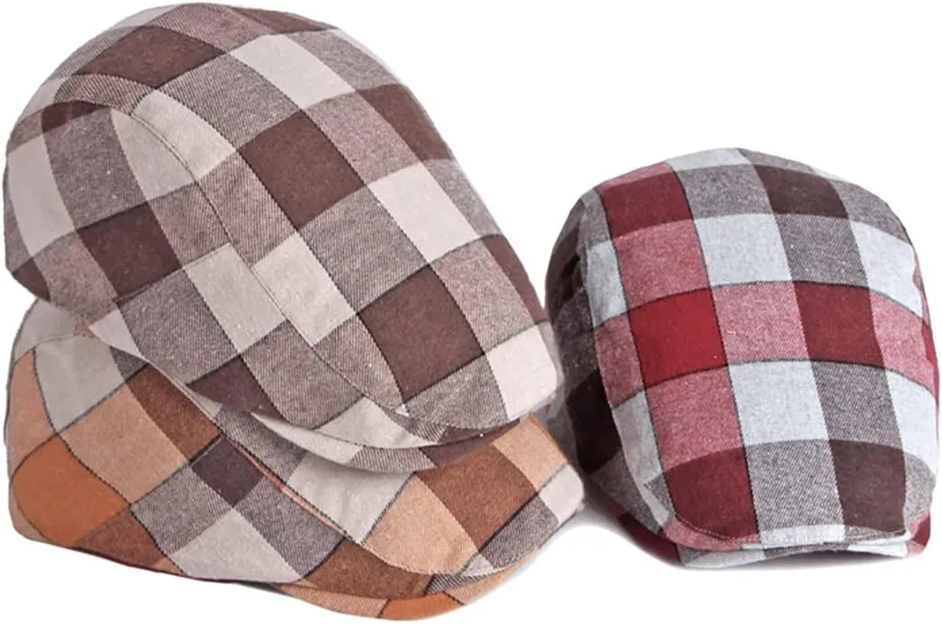 Gudessly Mens Adjustable Colorful Striped Plaid Ivy Newsboy Cabbie Gatsby Golf Cap Flat Cotton Hat Thin Cap
