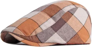 Gudessly Mens Adjustable Colorful Striped Plaid Ivy Newsboy Cabbie Gatsby Golf Cap Flat Cotton Hat Thin Cap