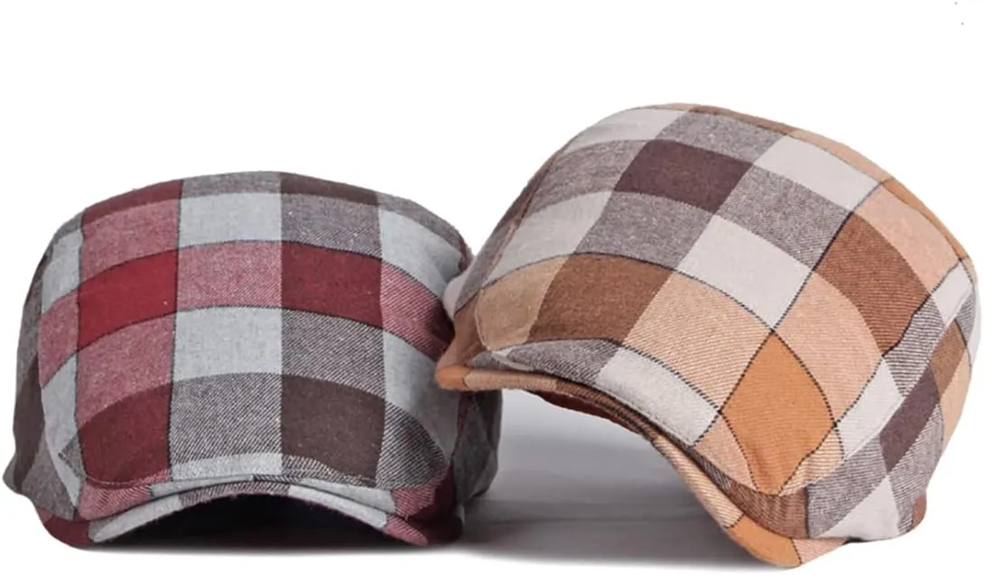 Gudessly Mens Adjustable Colorful Striped Plaid Ivy Newsboy Cabbie Gatsby Golf Cap Flat Cotton Hat Thin Cap