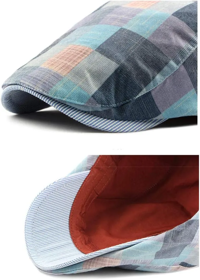 Gudessly Mens Adjustable Colorful Striped Plaid Ivy Newsboy Cabbie Gatsby Golf Cap Flat Cotton Hat Thin Cap