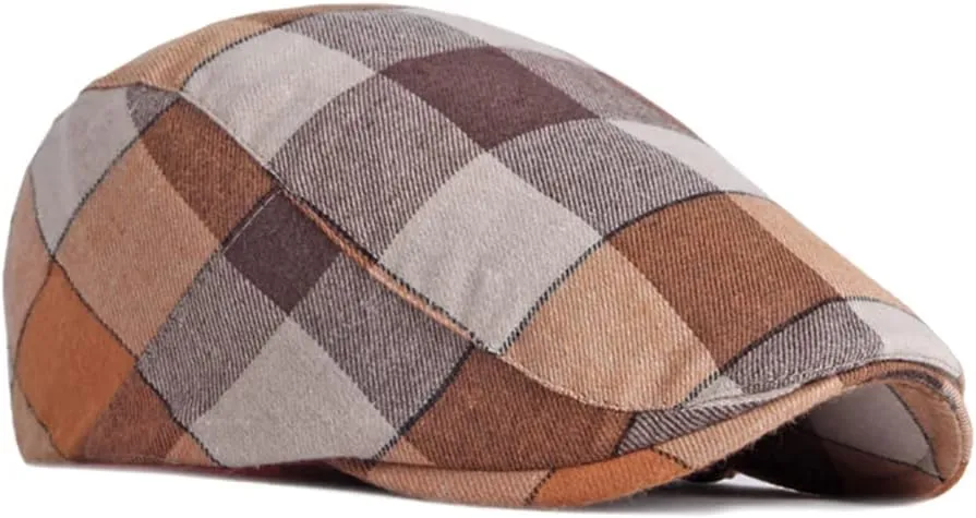 Gudessly Mens Adjustable Colorful Striped Plaid Ivy Newsboy Cabbie Gatsby Golf Cap Flat Cotton Hat Thin Cap