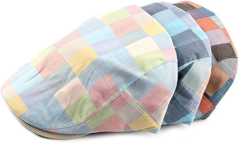 Gudessly Mens Adjustable Colorful Striped Plaid Ivy Newsboy Cabbie Gatsby Golf Cap Flat Cotton Hat Thin Cap