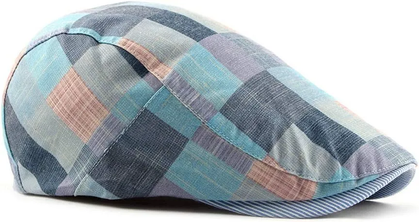 Gudessly Mens Adjustable Colorful Striped Plaid Ivy Newsboy Cabbie Gatsby Golf Cap Flat Cotton Hat Thin Cap