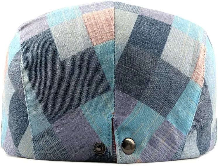 Gudessly Mens Adjustable Colorful Striped Plaid Ivy Newsboy Cabbie Gatsby Golf Cap Flat Cotton Hat Thin Cap