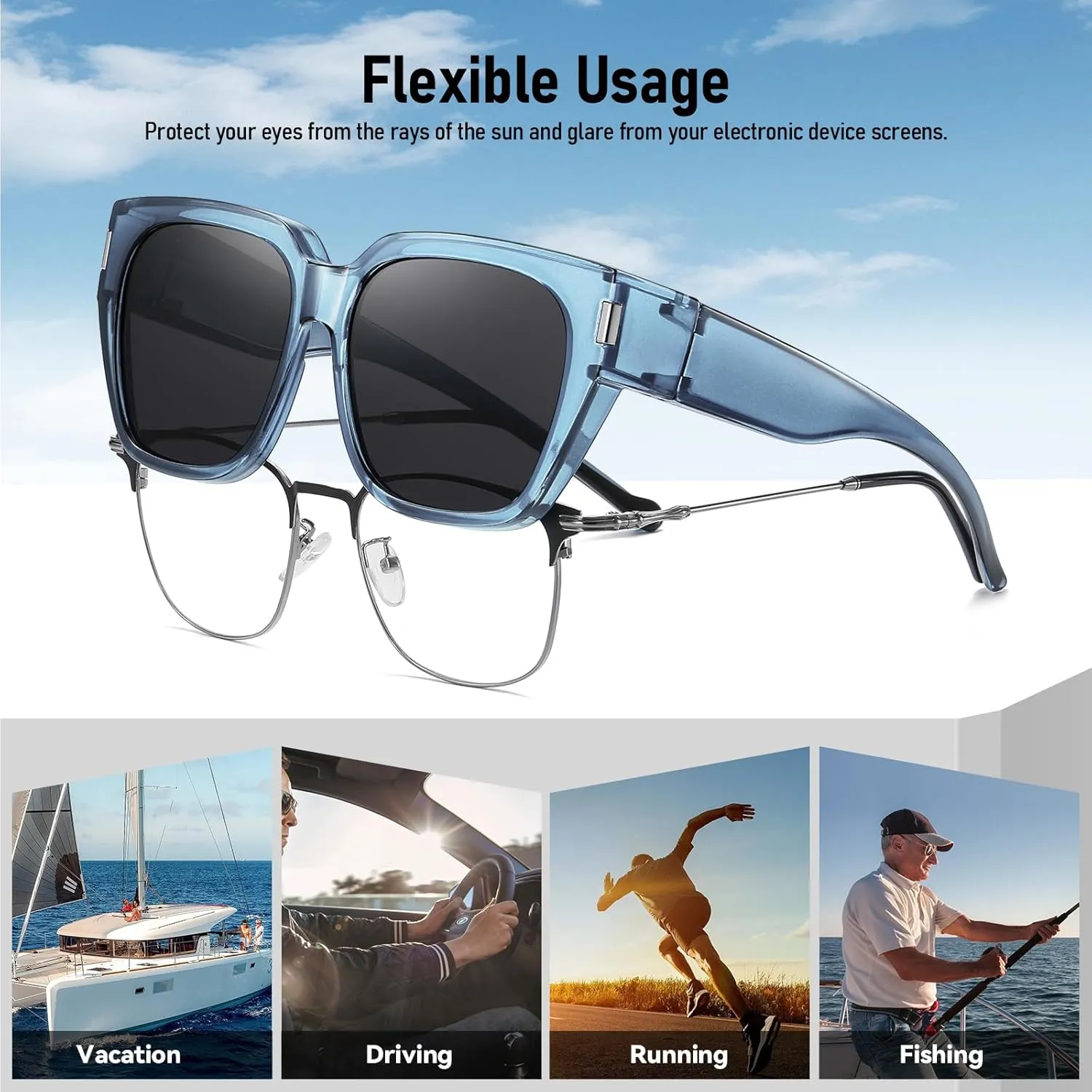 HAOLOTA Polarized Fit Over Glasses Sunglasses for Women Men Trendy Square Wrap Around Shades UV Protection