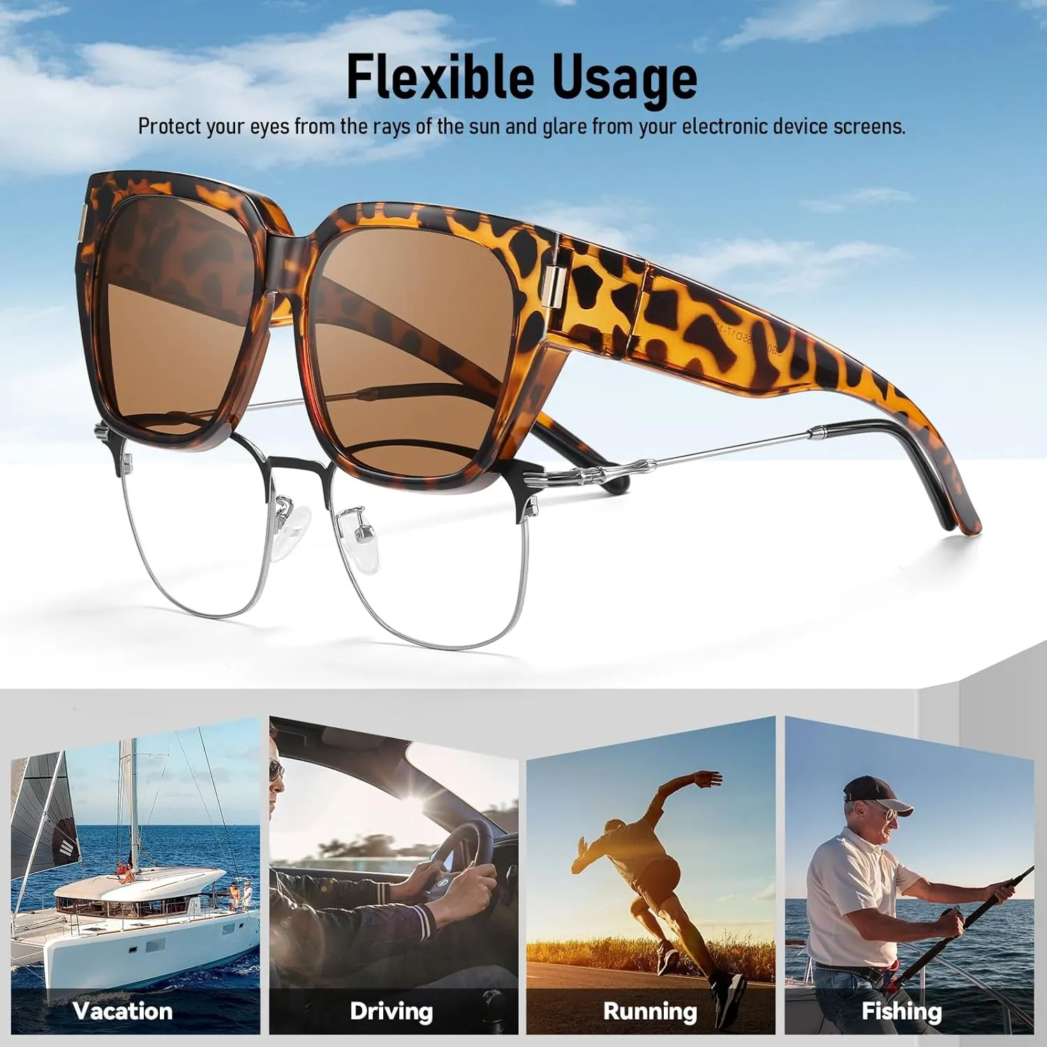 HAOLOTA Polarized Fit Over Glasses Sunglasses for Women Men Trendy Square Wrap Around Shades UV Protection