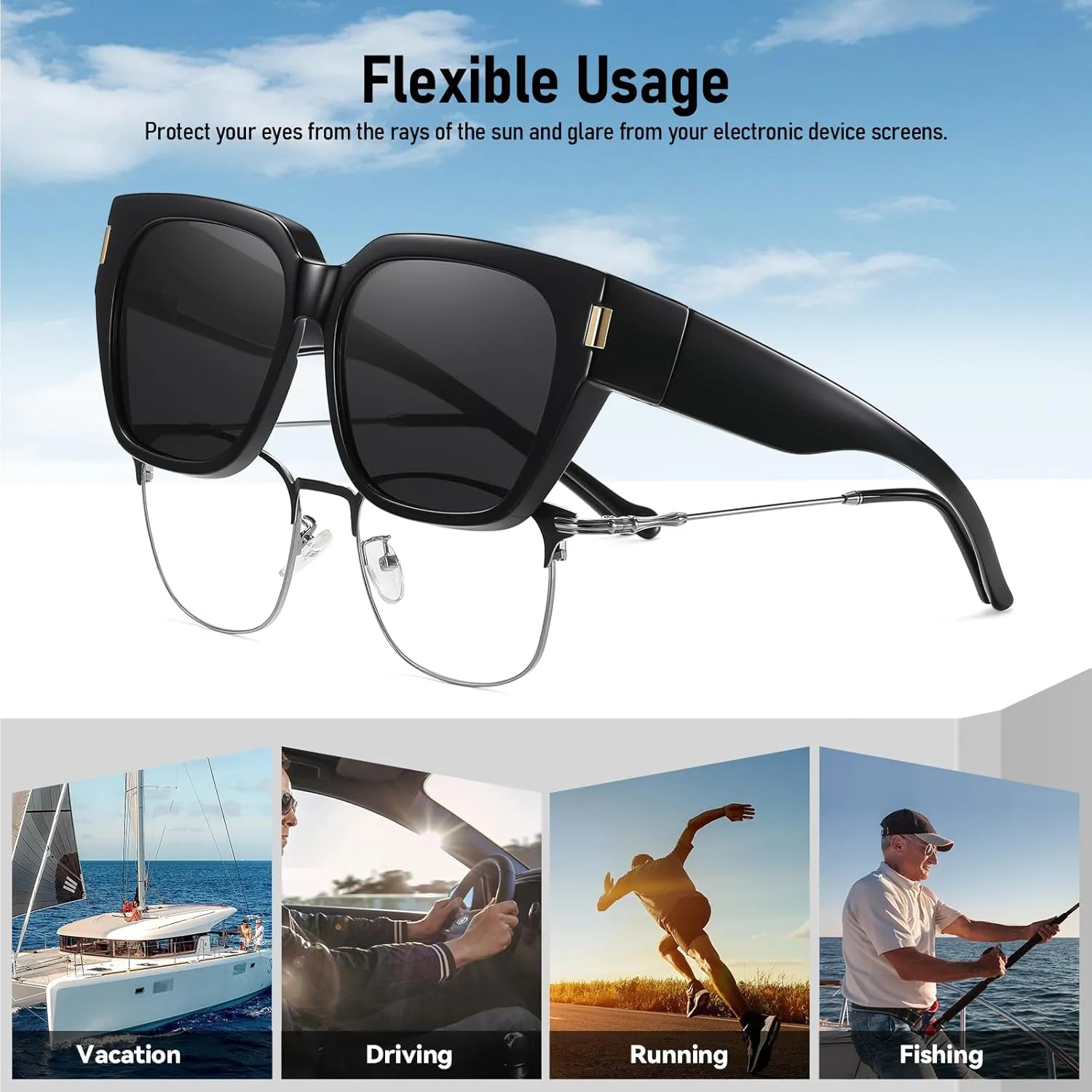 HAOLOTA Polarized Fit Over Glasses Sunglasses for Women Men Trendy Square Wrap Around Shades UV Protection