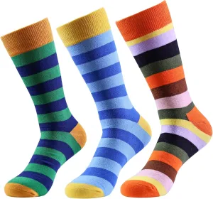 Heran Colorful Striped Socks for Men, Mens Cotton Novelty Retro Crew Stockings, 3 Pairs of Fun Dress Socks for Boys, Casual Fashion Patterned Long Stockings for Boys Teens Students