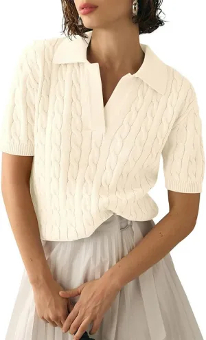 ikasus Women's V Neck Knit Sweaters Cable Short Sleeve Tops Solid Lapel Casual Soft Pullover Shirt Polo Outfits Sweater, Off-White L
