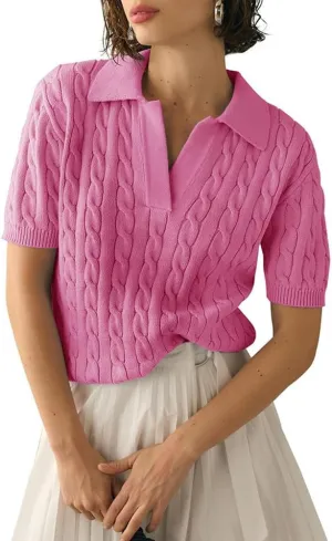 ikasus Women's V Neck Knit Sweaters Cable Short Sleeve Tops Solid Lapel Casual Soft Pullover Shirt Polo Outfits Sweater, Pink L